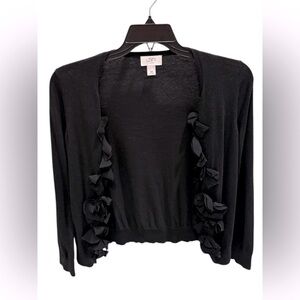 Ann Taylor LOFT Black Chiffon Flower Trimmed Cardigan Open Front Size Medium